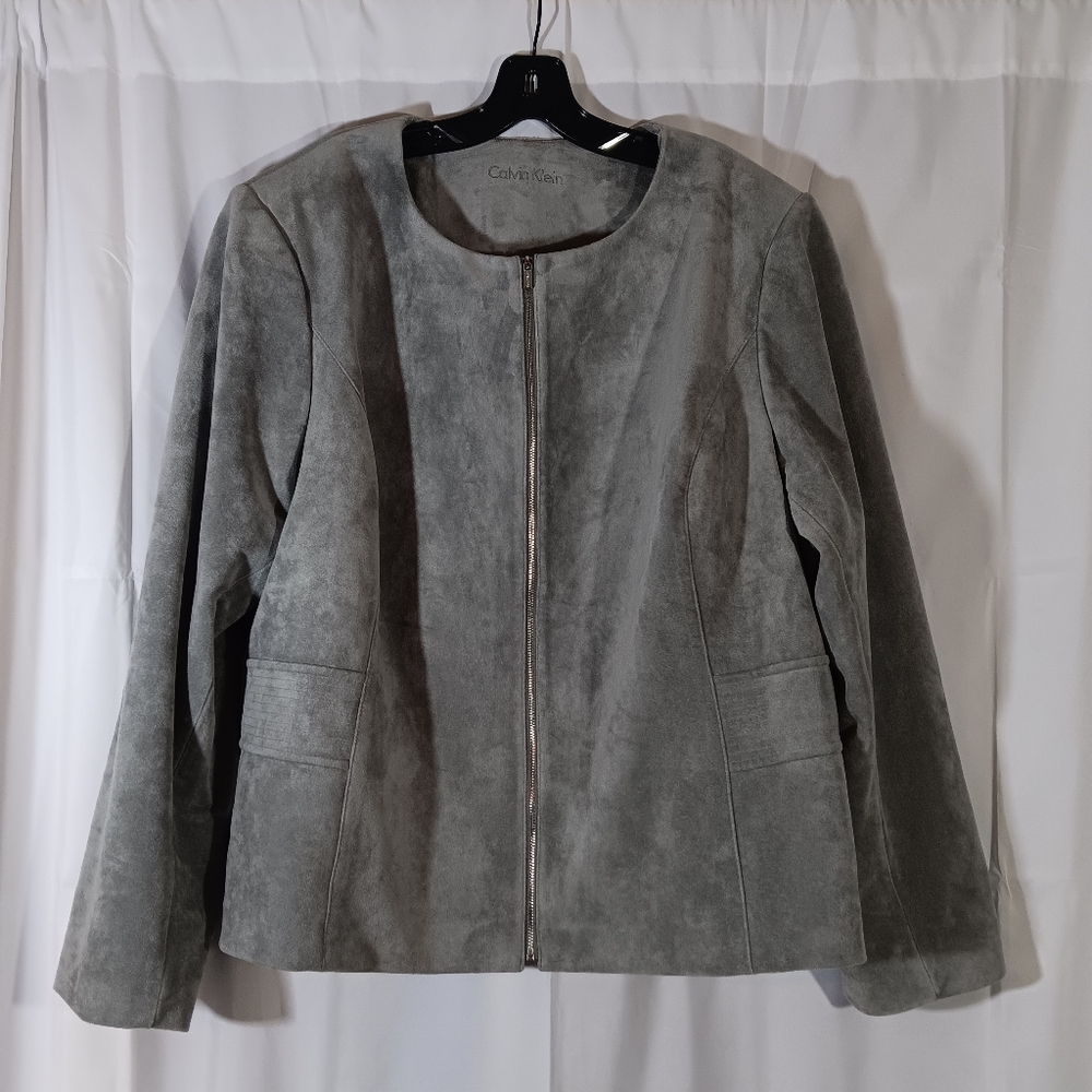 Calvin Klein Womens 24W Gray Jacket Faux Suede Blazer Full Zip Moto